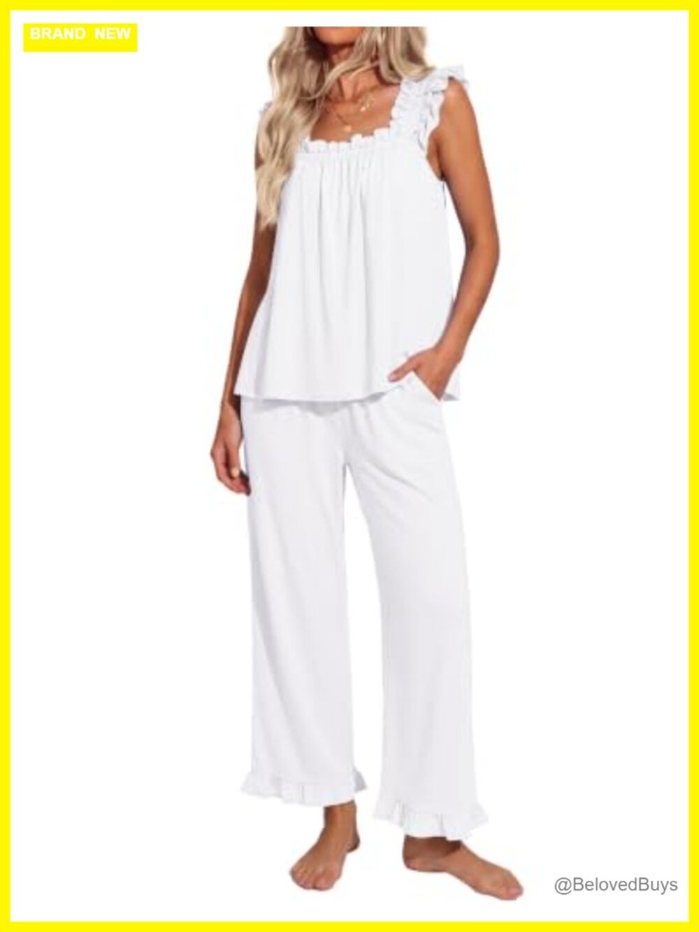 Ekouaer Women's 2-Piece Sleeveless Pajama Set Ruffle Trim Sleepwear